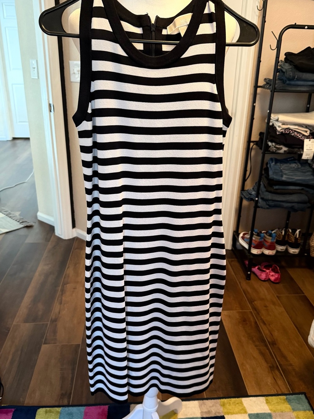 Michael Kors Black and White Striped Sleeveless Dress